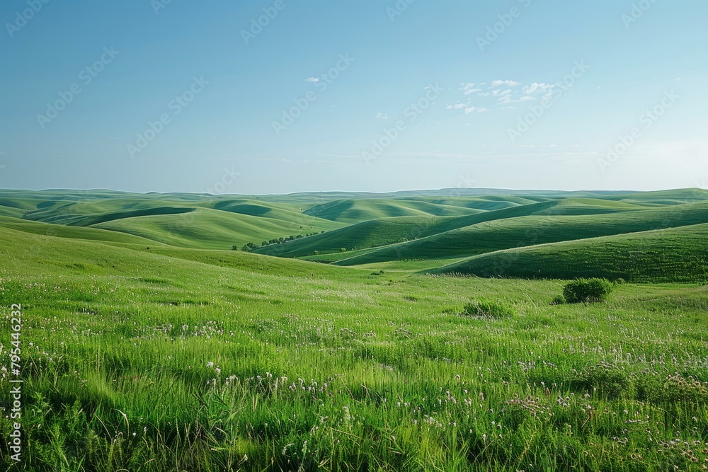 b'Vast green rolling hills under blue sky' b'Vast green rolling hills under blue sky'