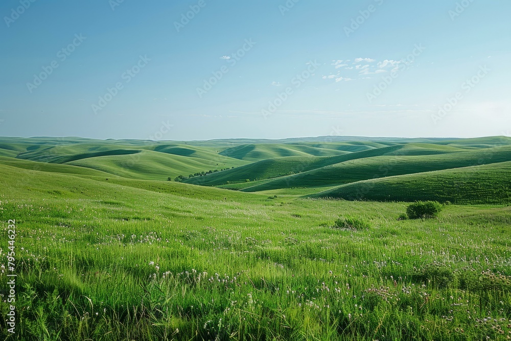 b'Vast green rolling hills under blue sky'