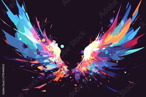 abstract art of angel wings on a black background in colorful style. 