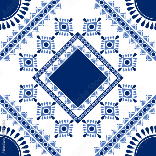 Background vector image, fabric pattern, tiled pattern with endless continuity, graphic pattern in blue and navy blue tones, retro style.