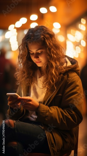 b'Young woman with curly hair using a smartphone in a city at night'