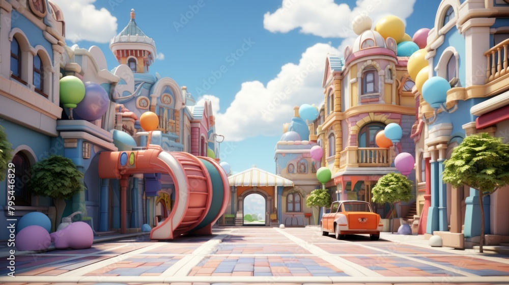 Fototapeta premium b'A colorful 3D rendering of a street with cartoon buildings and a red car.'