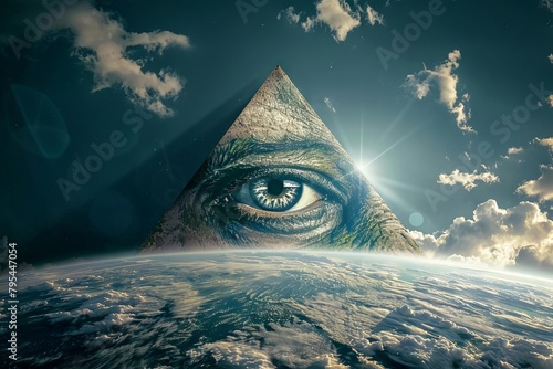 ominous illuminati eye pyramid looms over globe symbolizing conspiracy theories and new world order conceptual image