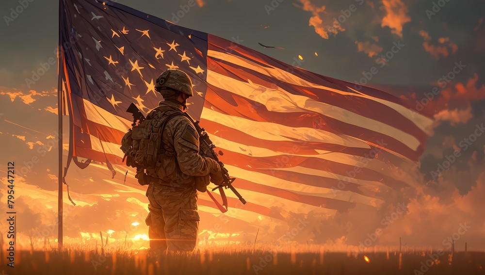 An American soldier stands in front of the flag, with his back to us ...
