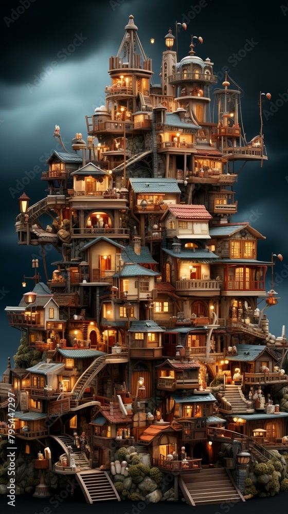 b'Whimsical Digital Painting of a Multi-Level Treehouse Village'