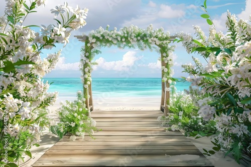 photorealistic wooden path leading to tropical beach wedding arch with white flowers digital art