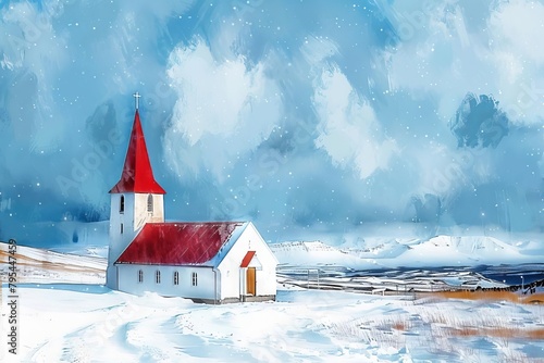 picturesque icelandic church with vibrant red roof amidst snowy winter landscape digital painting