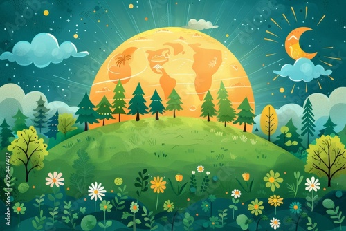 b'A beautiful illustration of a green planet with trees and flowers'