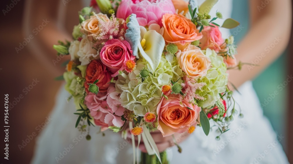 b'A bride holding a bouquet of colorful flowers' b'A bride holding a bouquet of colorful flowers'