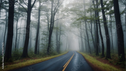 Ethereal Trail, A Straight Road Meandering Through a Dreamy Forest Veiled in Mist.