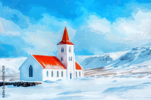 picturesque icelandic church with vibrant red roof amidst snowy winter landscape digital painting