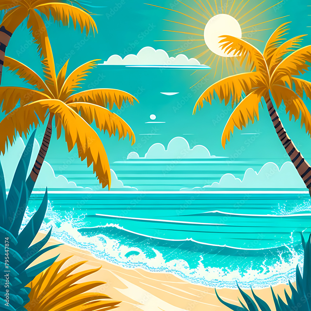 Vector Hello summer illustration with tropical palm trees, sea beach, summer background beautiful image. Ai Generated image.