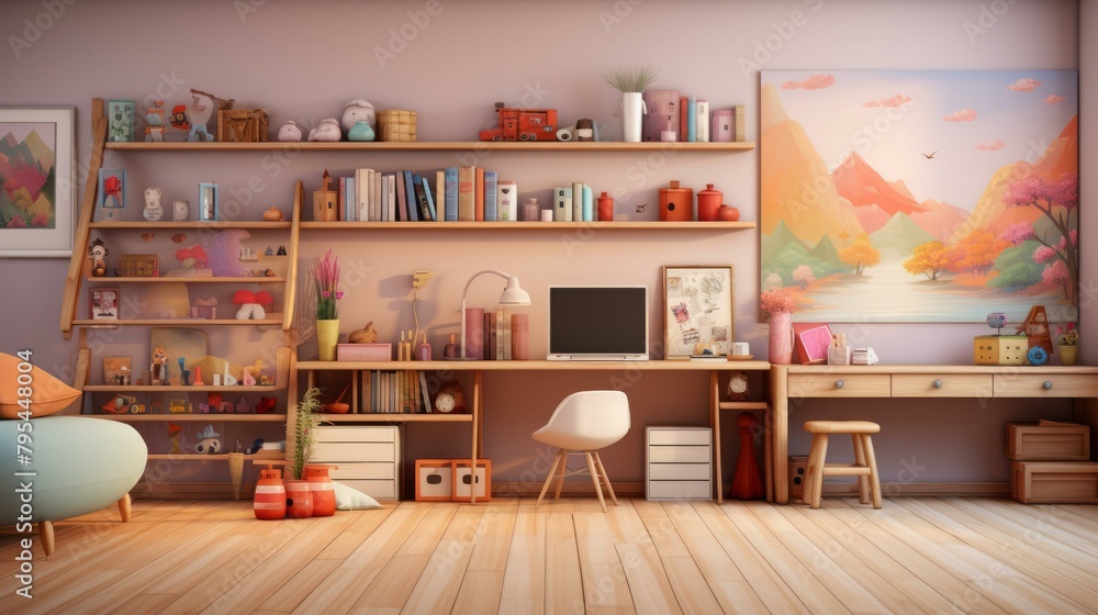 Fototapeta premium b'Cozy Home Office Setup with Bookshelf and Desk'