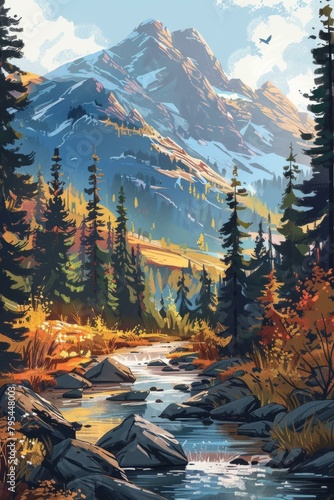 b'Colorful Mountain Landscape with River and Trees'