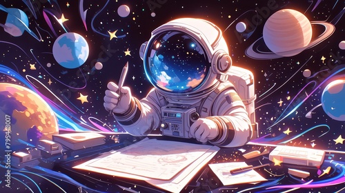 An illustration of an adorable little astronaut exploring the cosmos, surrounded by colorful planets and stars in space. T