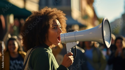Young African American woman raises her fist and shouts through a megaphone while protesting on a city street.