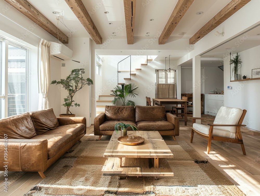 b'Airy Japanese house with wooden beams and leather furniture' b'Airy Japanese house with wooden beams and leather furniture'