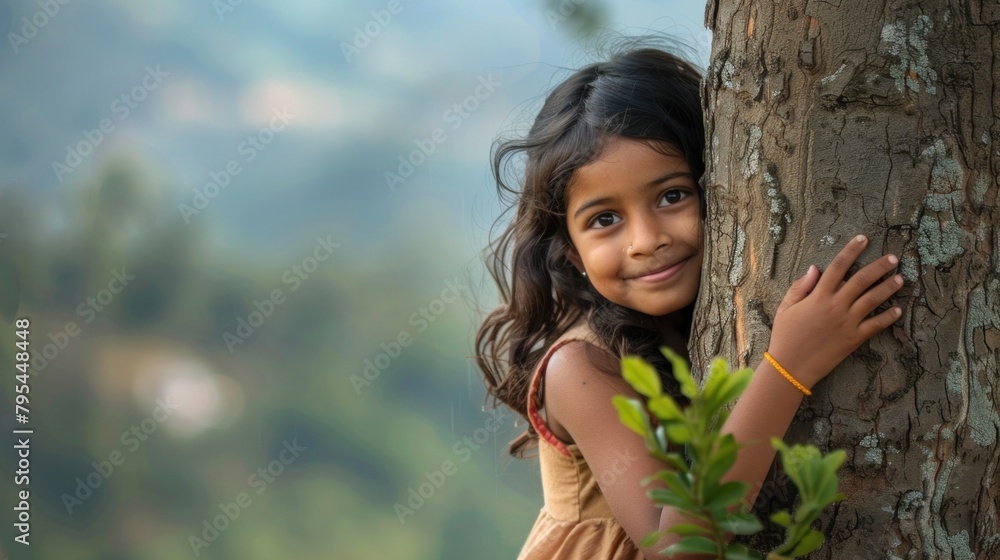 A smiling Indian girl hugs a tree. A smiling Indian girl hugs a tree.