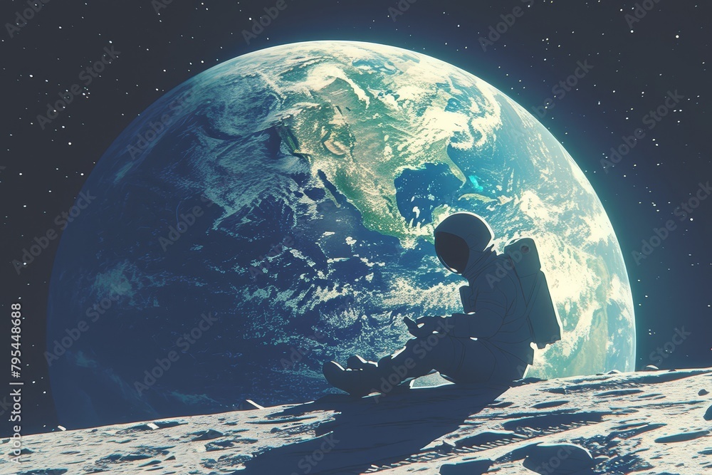 A space astronaut sits on the moon and looks at Earth in dark tones, creating an epic cinematic feel. 