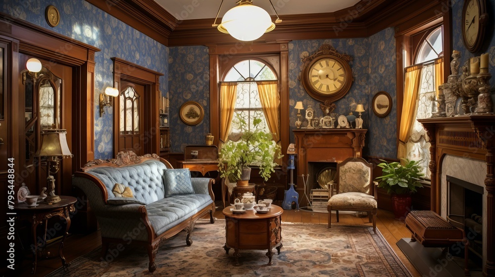 b'ornate living room with blue patterned wallpaper and hardwood floor' b'ornate living room with blue patterned wallpaper and hardwood floor'