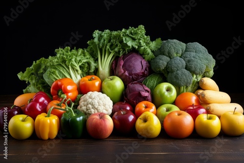 b A variety of fresh fruits and vegetables are arranged on a wooden table. 