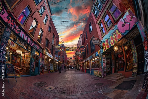 Fisheye lens captures dynamic street art during Golden Hour.