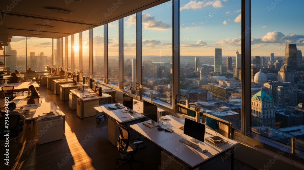 b'Modern Office Space with Desks and Computers by the Windows'