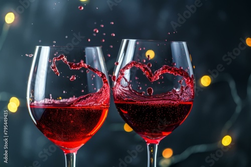 b'Two glasses of red wine with a heart-shaped splash' photo