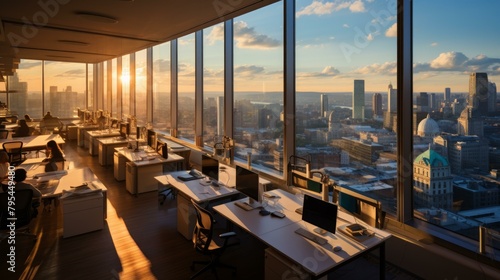 b'Modern Office Space with Desks and Computers by the Windows'