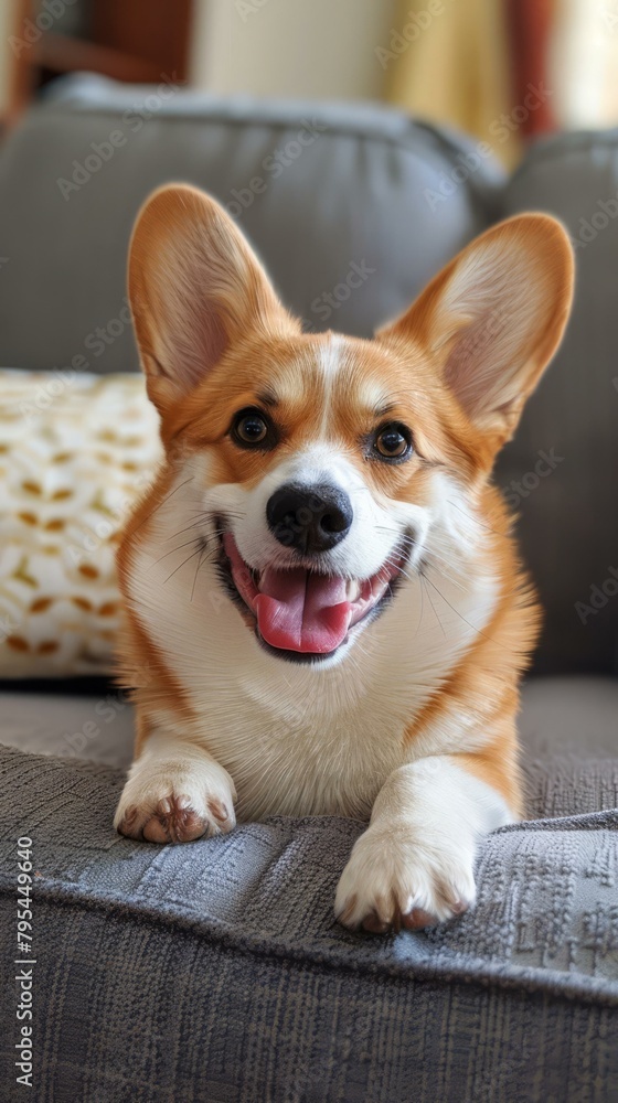 b'Smiling Pembroke Welsh Corgi Dog on Sofa' b'Smiling Pembroke Welsh Corgi Dog on Sofa'