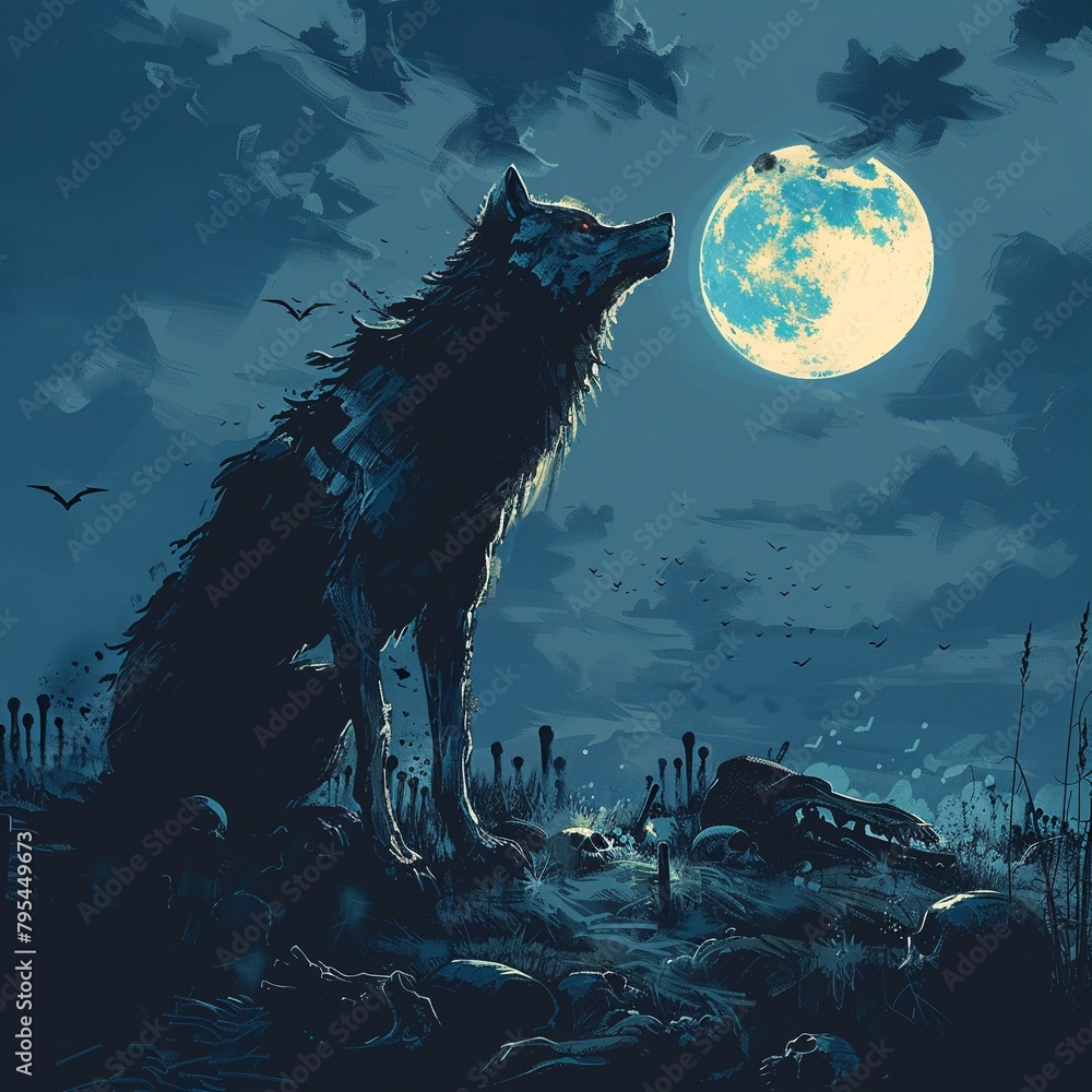 A dark blue wolf howls at a full moon in a field of bones under a night sky filled with bats.
