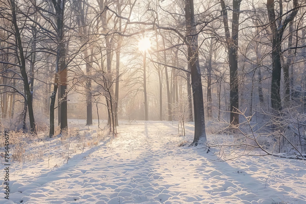 serene winter forest landscape in early morning light frosty trees and snowy ground nature photograph