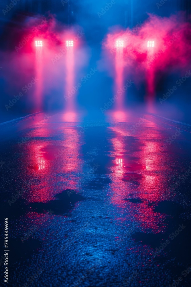 b'Spotlight on a wet road at night'