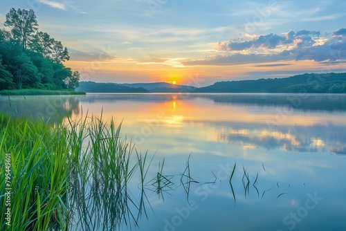 serene sunrise reflecting on tranquil lake peaceful nature landscape photography