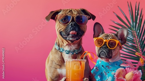 Humorous portrait of two dogs dressed in summer attire with sunglasses, one holding a tropical drink, against a vibrant pink backdrop, concept of fun and vacation