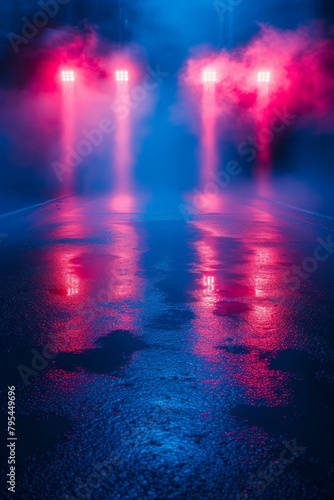 b'Spotlight on a wet road at night'