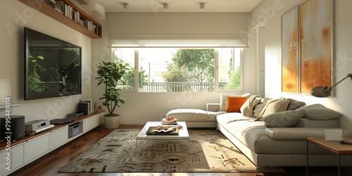 b'A modern living room with a large window, a sofa, a coffee table, a television, and a rug'