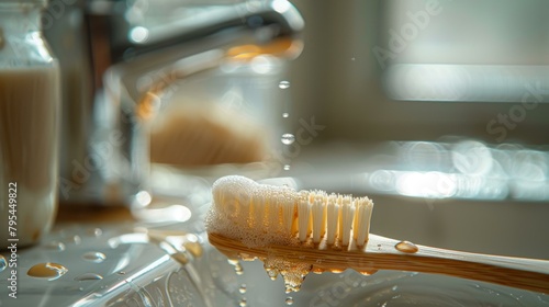 Close-up of a wet bamboo toothbrush with toothpaste foam on the bristles