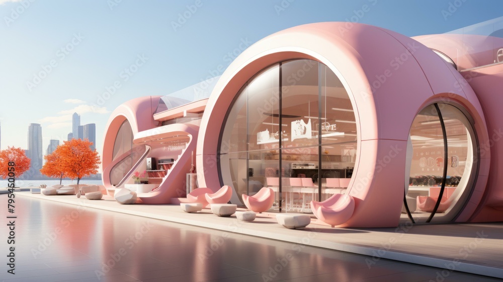 Fototapeta premium b'pink futuristic building with large glass windows'