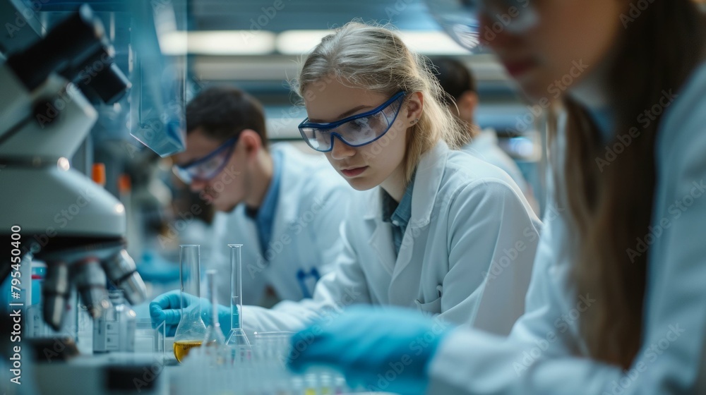 b'Scientists working in a laboratory' b'Scientists working in a laboratory'