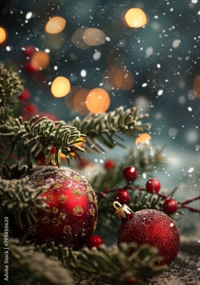 Obraz premium b'Christmas ornaments with fir tree branches and snow'