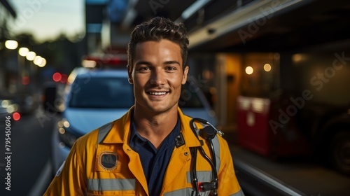 b'Portrait of a smiling young male paramedic in uniform standing in front of an ambulance'