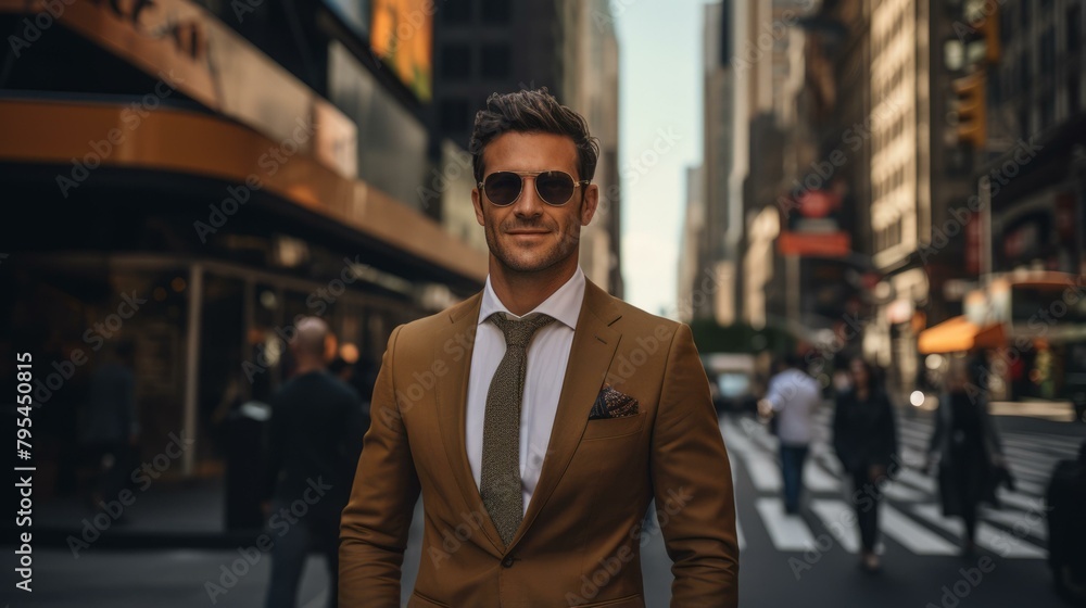 b'A well-dressed man in a suit and sunglasses is standing in the middle of a busy city street.'