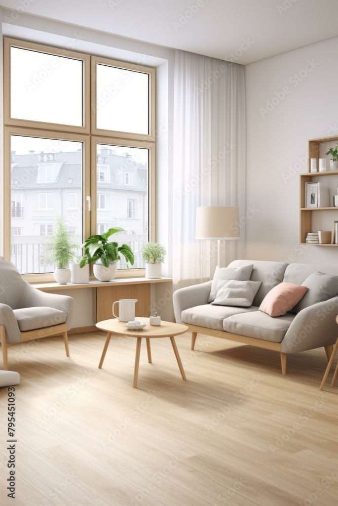 b'Bright airy living room with large windows and plants' b'Bright airy living room with large windows and plants'