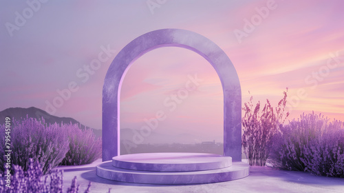 Empty podium or stage for product presentation with sunset view through a lavender arch surrounded by lilac flowers.  Generative AI photo