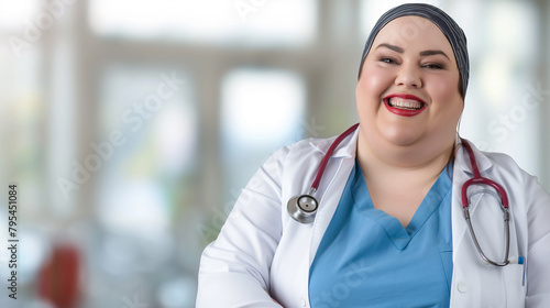 Medica mulher acima do peso sorrindo no hospital photo