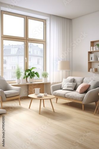 b'Bright airy living room with large windows and plants'