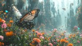 Imagine a cybernetic garden bathed in digital sunlight, where metallic butterflies flutter above mechanized blooms Use dynamic angles to showcase the unexpected beauty of this robotic oasis