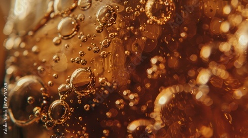 b'Close-up of bubbles in a glass of cola' photo