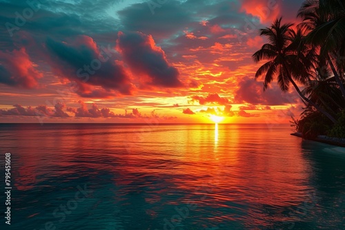 b Vibrant sunset sky over calm ocean water 